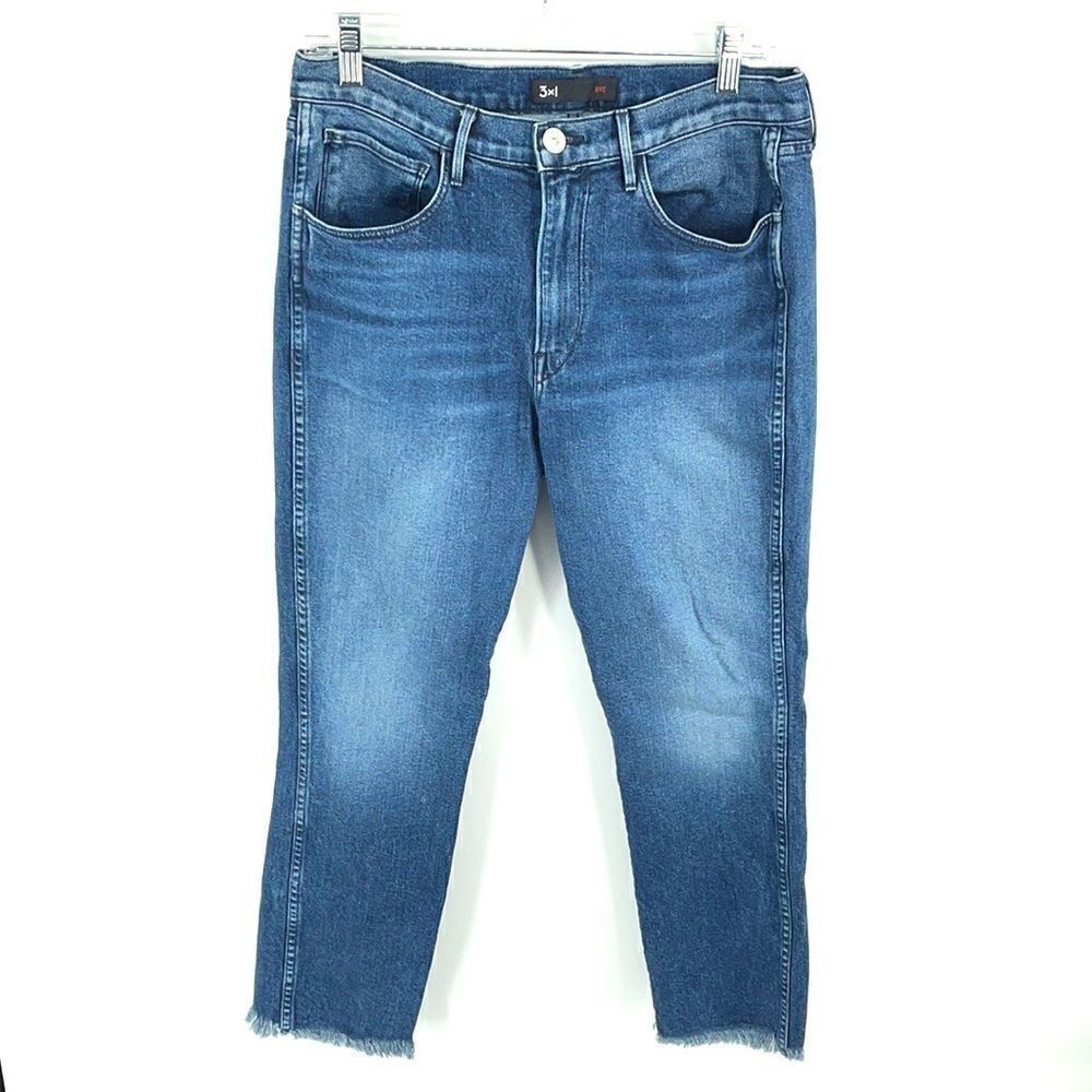 3x1 NYC shredded crop high rise waist straight leg denim jeans EUC 30 fringe